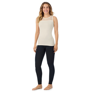 A lady wearing Softwear With Stretch Crew Neck Tank With Lace in Ivory back view back view