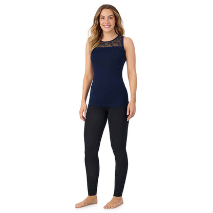 Navy Blazer;Model is wearing size S. She is 5'11.5", Bust 34", Waist 26", Hips 37".@A lady is wearing Softwear with Stretch Crew Neck Tank with Lace
