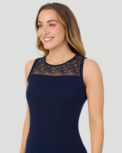 A lady wearing Softwear With Stretch Crew Neck Tank With Lace in navy blazer shown in a front close up view pose