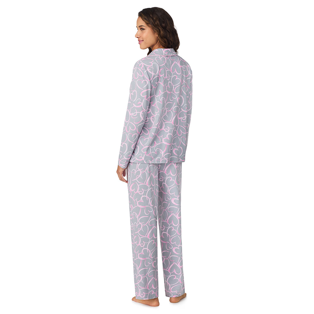 A lady wearing Grey Scribble Hearts Cotton-Blend Long Sleeve Notch Collar 2-Pc Pajama Set