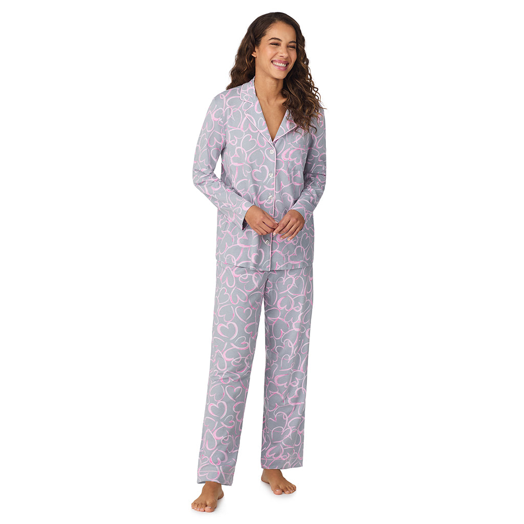 A lady wearing Grey Scribble Hearts Cotton-Blend Long Sleeve Notch Collar 2-Pc Pajama Set