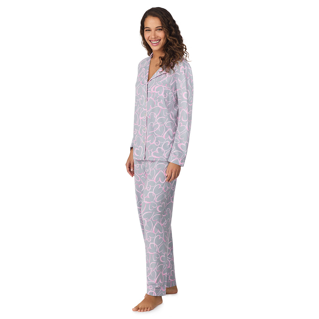 A lady wearing Grey Scribble Hearts Cotton-Blend Long Sleeve Notch Collar 2-Pc Pajama Set