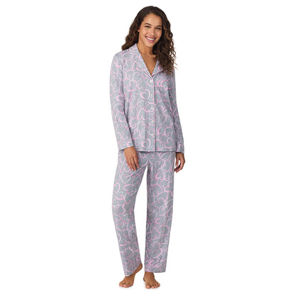 A lady wearing Grey Scribble Hearts Cotton-Blend Long Sleeve Notch Collar 2-Pc Pajama Set