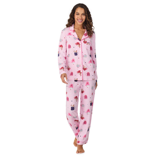 A lady wearing Pink Latte Cotton-Blend Long Sleeve Notch Collar 2-Pc Pajama Set