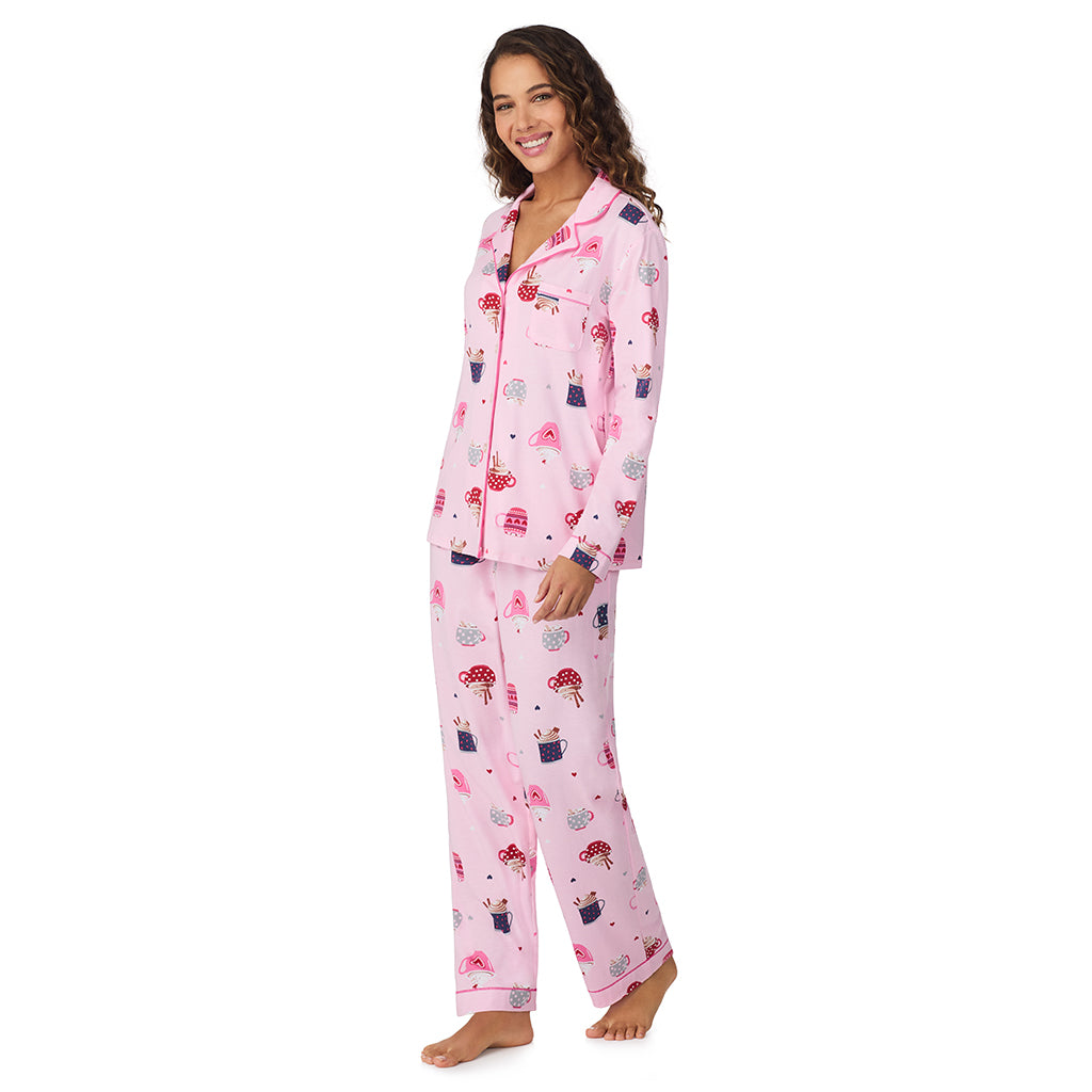 A lady wearing Pink Latte Cotton-Blend Long Sleeve Notch Collar 2-Pc Pajama Set