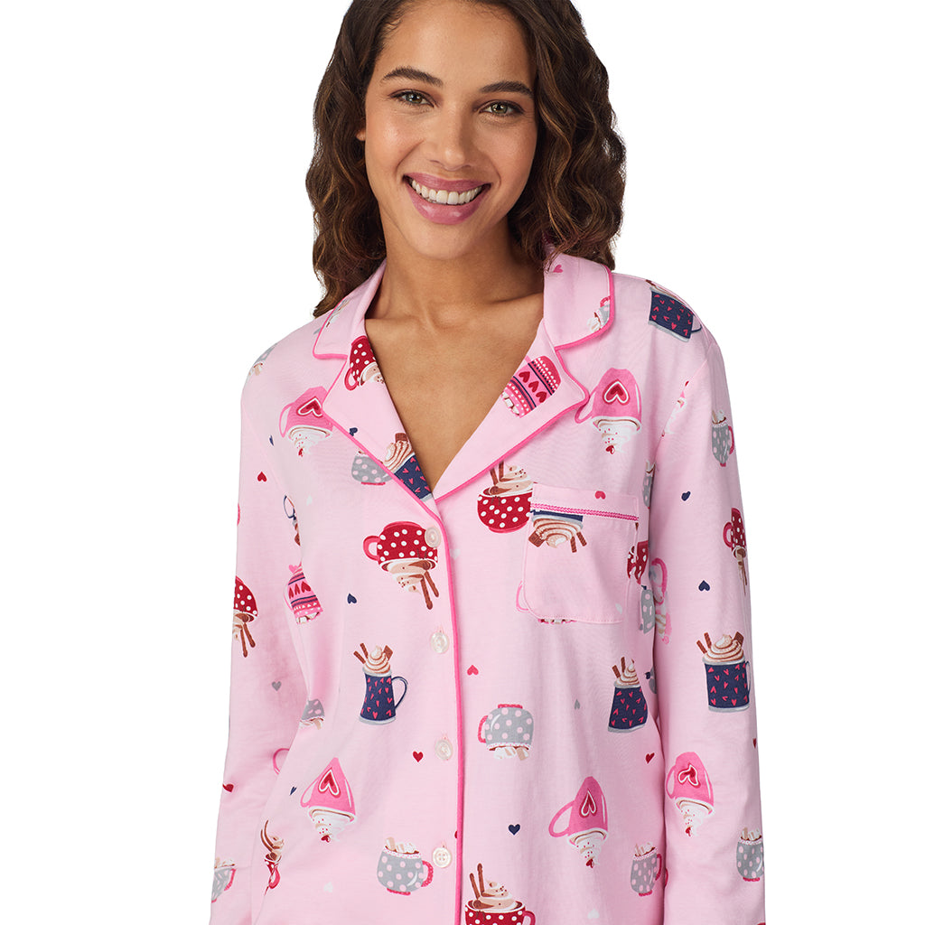 Pink Latte;Model is wearing size S. She is 5’9”, Bust 34”, Waist 23”, Hips 35”.@A lady wearing Pink Latte Cotton-Blend Long Sleeve Notch Collar 2-Pc Pajama Set