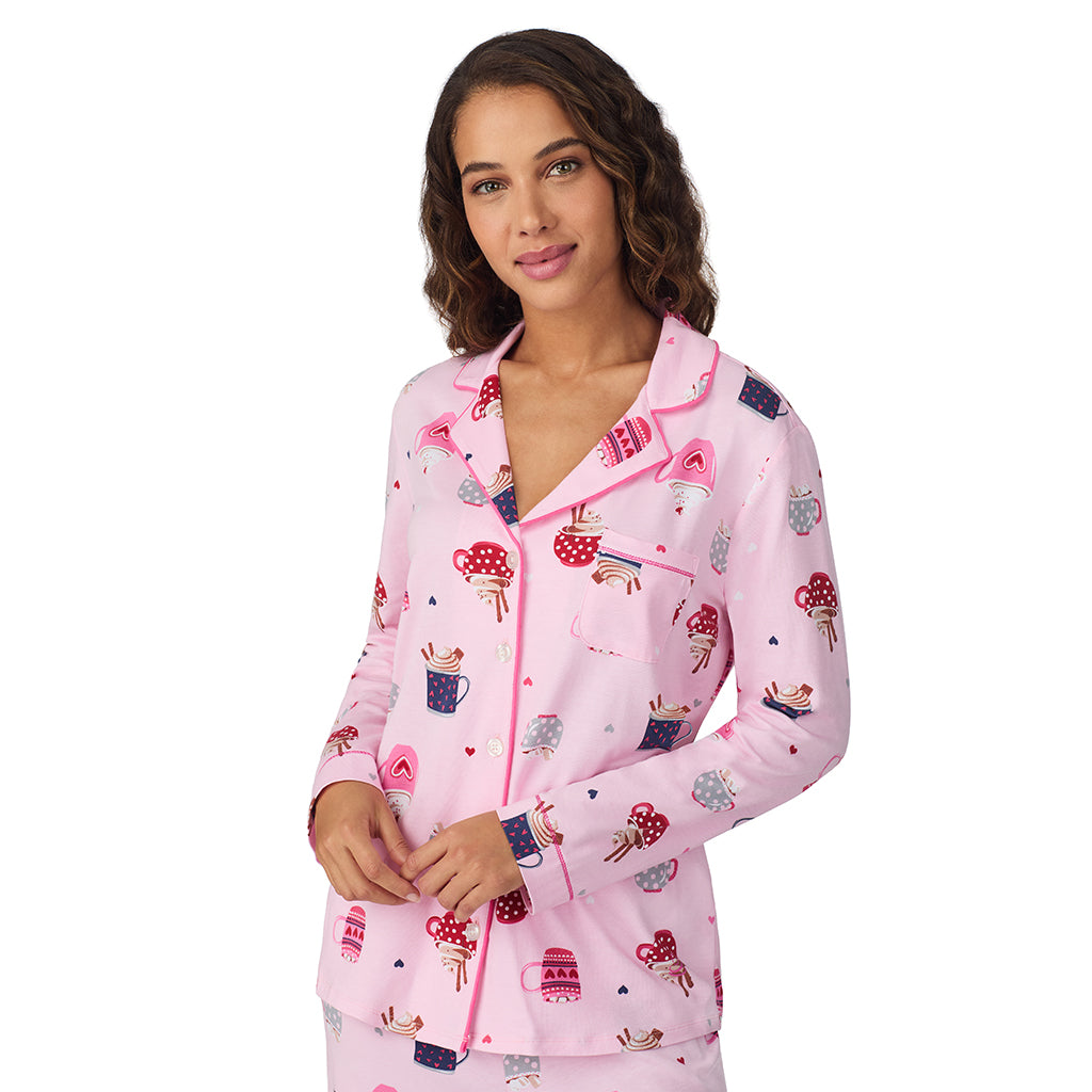 A lady wearing Pink Latte Cotton-Blend Long Sleeve Notch Collar 2-Pc Pajama Set