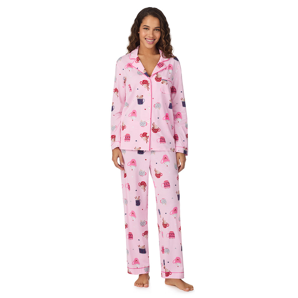 A lady wearing Pink Latte Cotton-Blend Long Sleeve Notch Collar 2-Pc Pajama Set