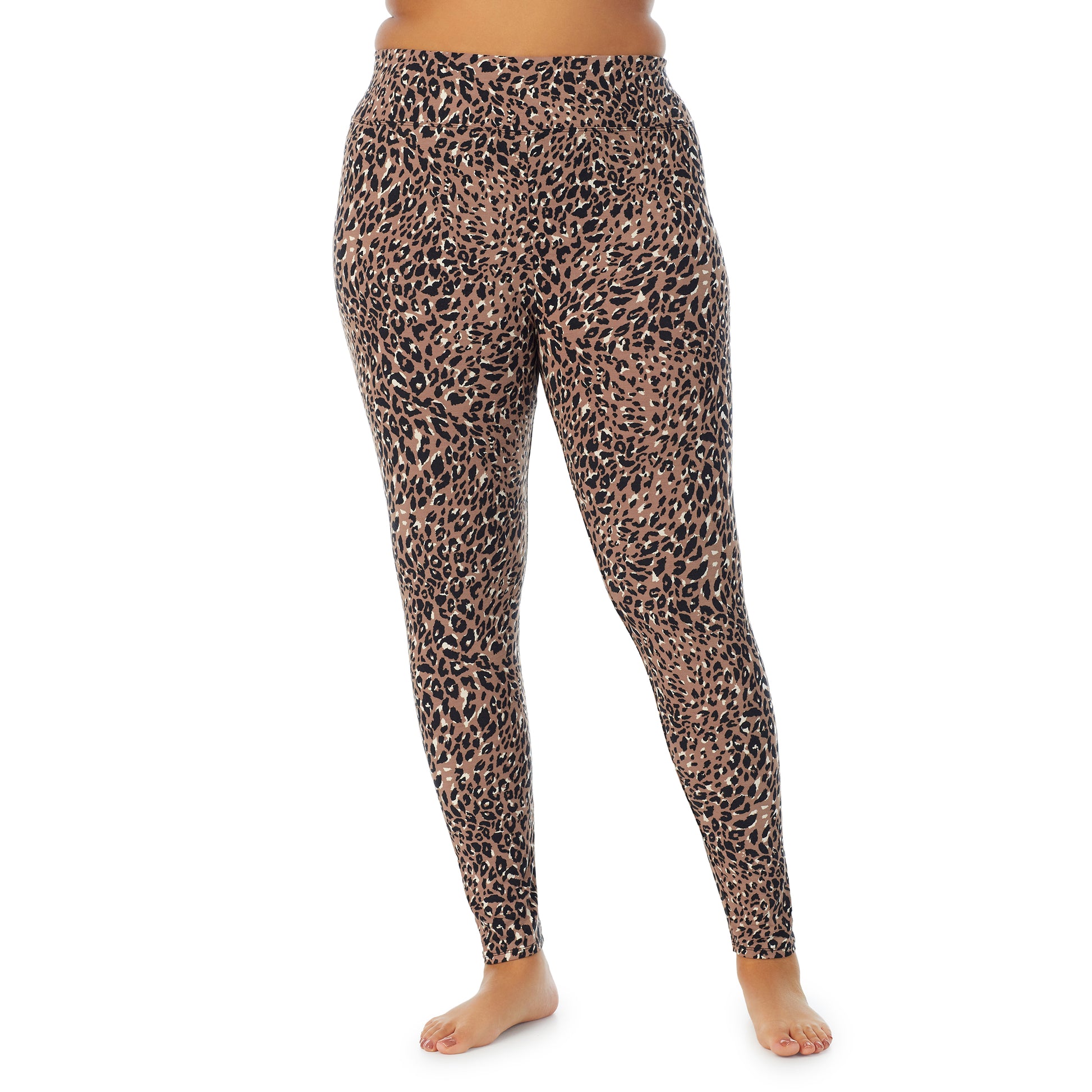 Pecan Leopard; Model is wearing size 1X. She is 5'11", Bust 36", Waist 36.5", Hips 47.5". @A lady wearing a Pecan Leopard high waist legging plus.