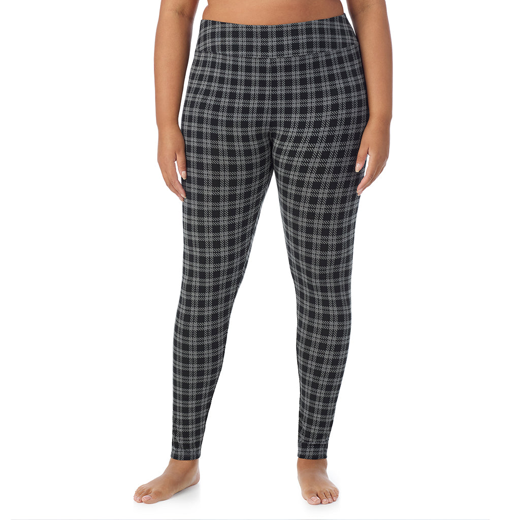 Charcoal/Black Plaid; Model is wearing size 1X. She is 5'11", Bust 36", Waist 36.5", Hips 47.5".@A lady wearing a Charcoal/Black Plaid high waist legging plus.
