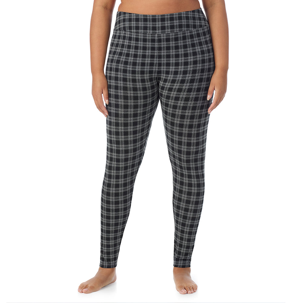 A lady wearing a Charcoal/Black Plaid high waist legging plus.
