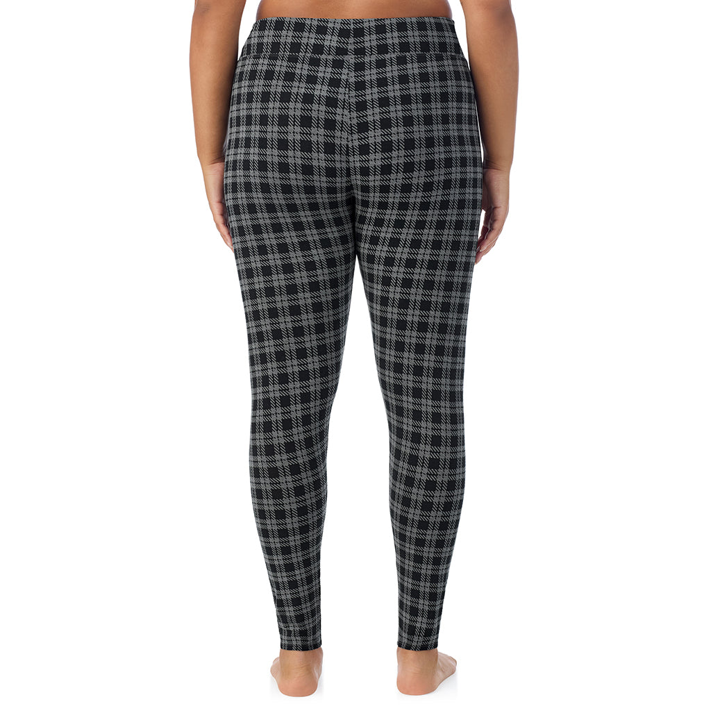 Charcoal/Black Plaid; Model is wearing size 1X. She is 5'11", Bust 36", Waist 36.5", Hips 47.5".@A lady wearing a Charcoal/Black Plaid high waist legging plus.