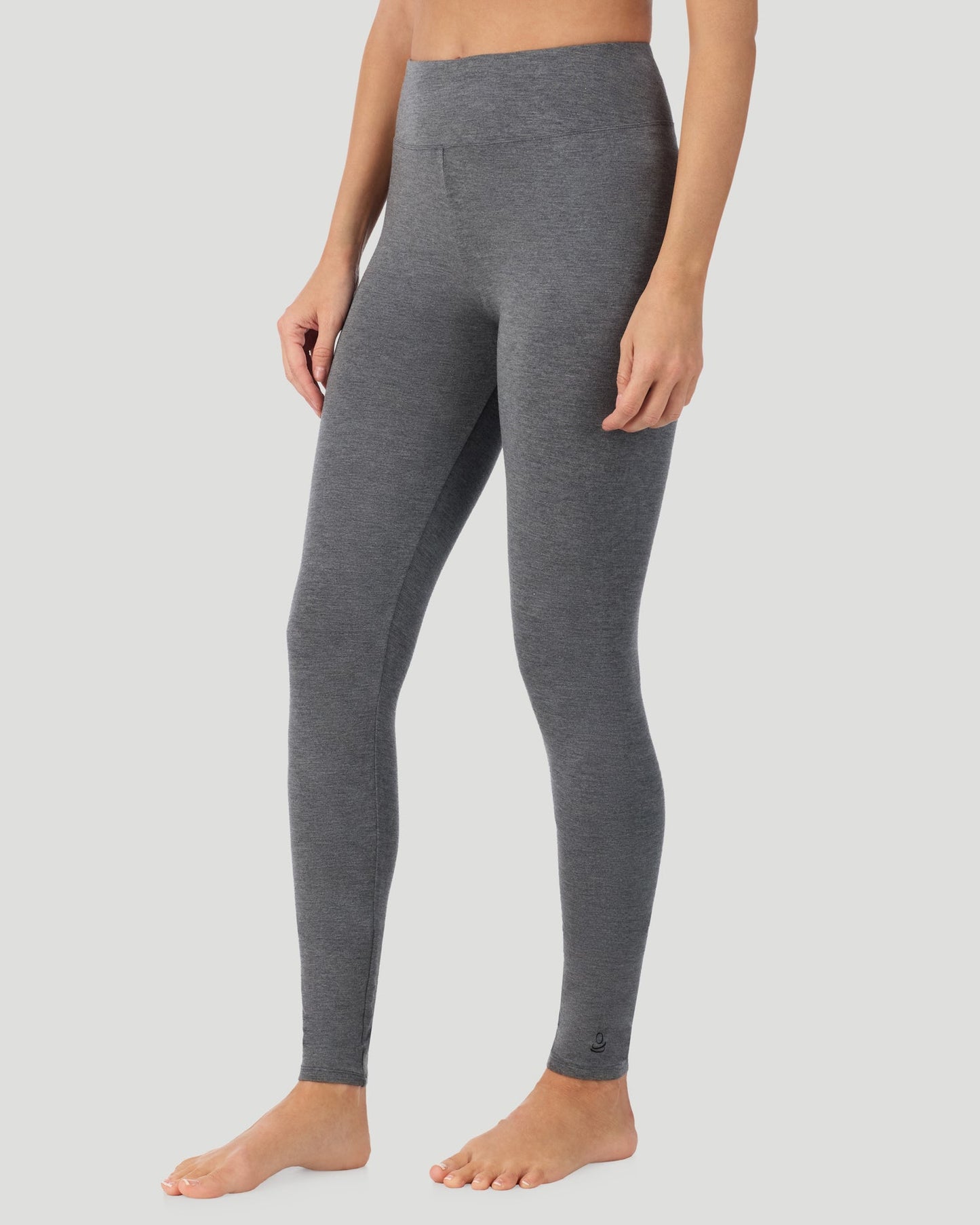 Charcoal Heather; Model is wearing a size S. She is 5’11.5”, Bust 34”, Waist 27”, Hips 38.5”.  @A lady wearing Softwear With Stretch High Waist Legging in charcoal heather in a front view side angle pose