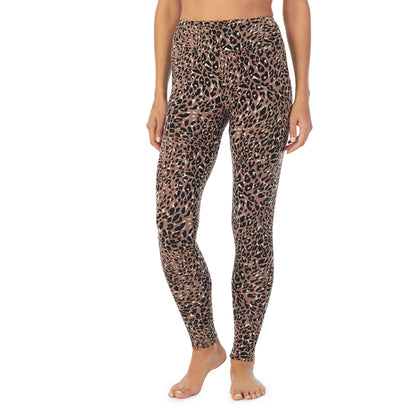 Pecan Leopard; Model is wearing size S. She is 5’9”, Bust 34”, Waist 25.5”, Hips 36.5”. @A lady wearing a Pecan Leopard high waist legging.