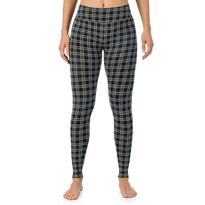 Charcoal/Black Plaid; Model is wearing size S. She is 5'11.5", Bust 34", Waist 26", Hips 37". @A lady wearing a charcoal/black plaid high waist legging.
