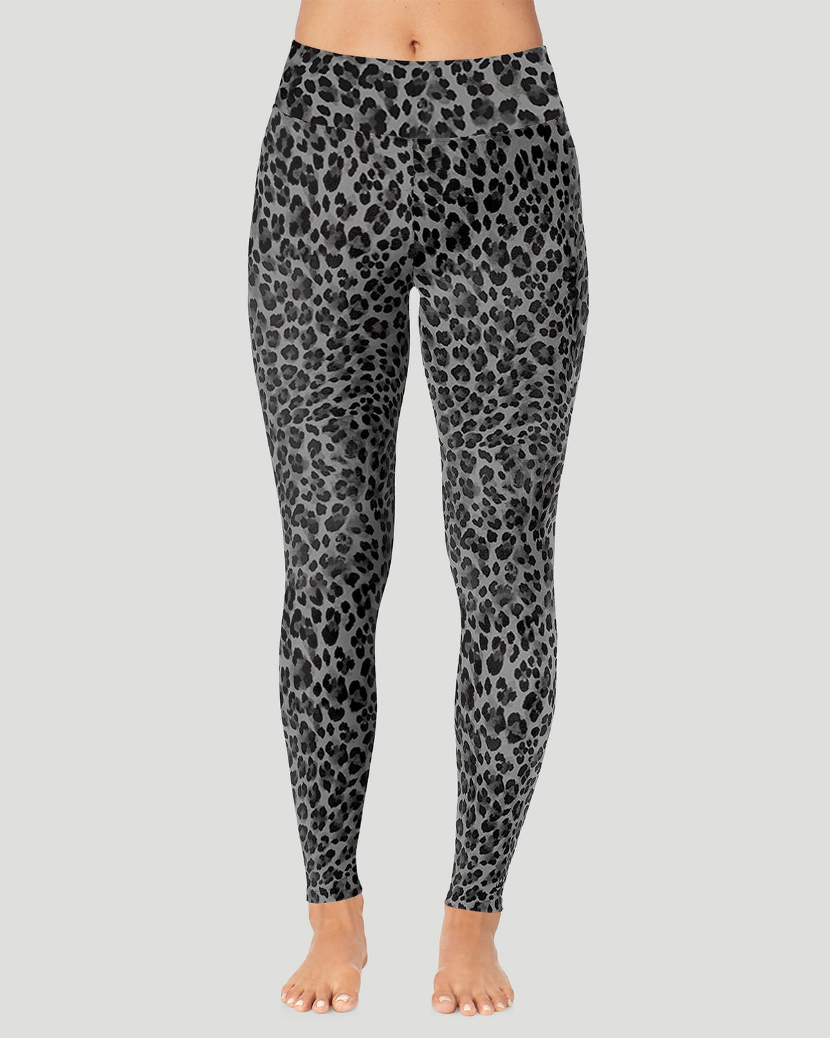 Charcoal Leopard; Model is wearing a size S. She is 5’11.5”, Bust 34”, Waist 27”, Hips 38.5”.  @A lady wearing Softwear With Stretch High Waist Legging in charcoal leopard in a front view pose