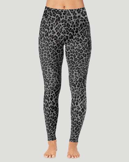 A lady wearing Softwear With Stretch High Waist Legging in charcoal leopard in a front view pose