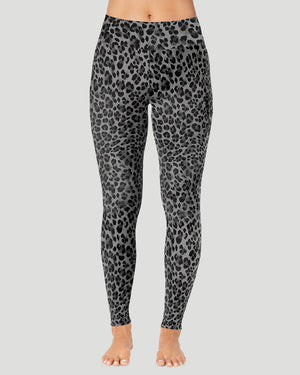 A lady wearing Softwear With Stretch High Waist Legging in charcoal leopard in a front view pose