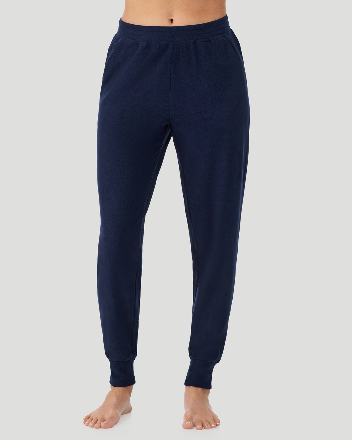 Navy Blazer; Model is wearing a size S. She is 5’9”, Bust 34.5”, Waist 25”, Hips 36.5”. @A lady wearing Navy Blazer Fleecewear With Stretch Jogger in a front view pose