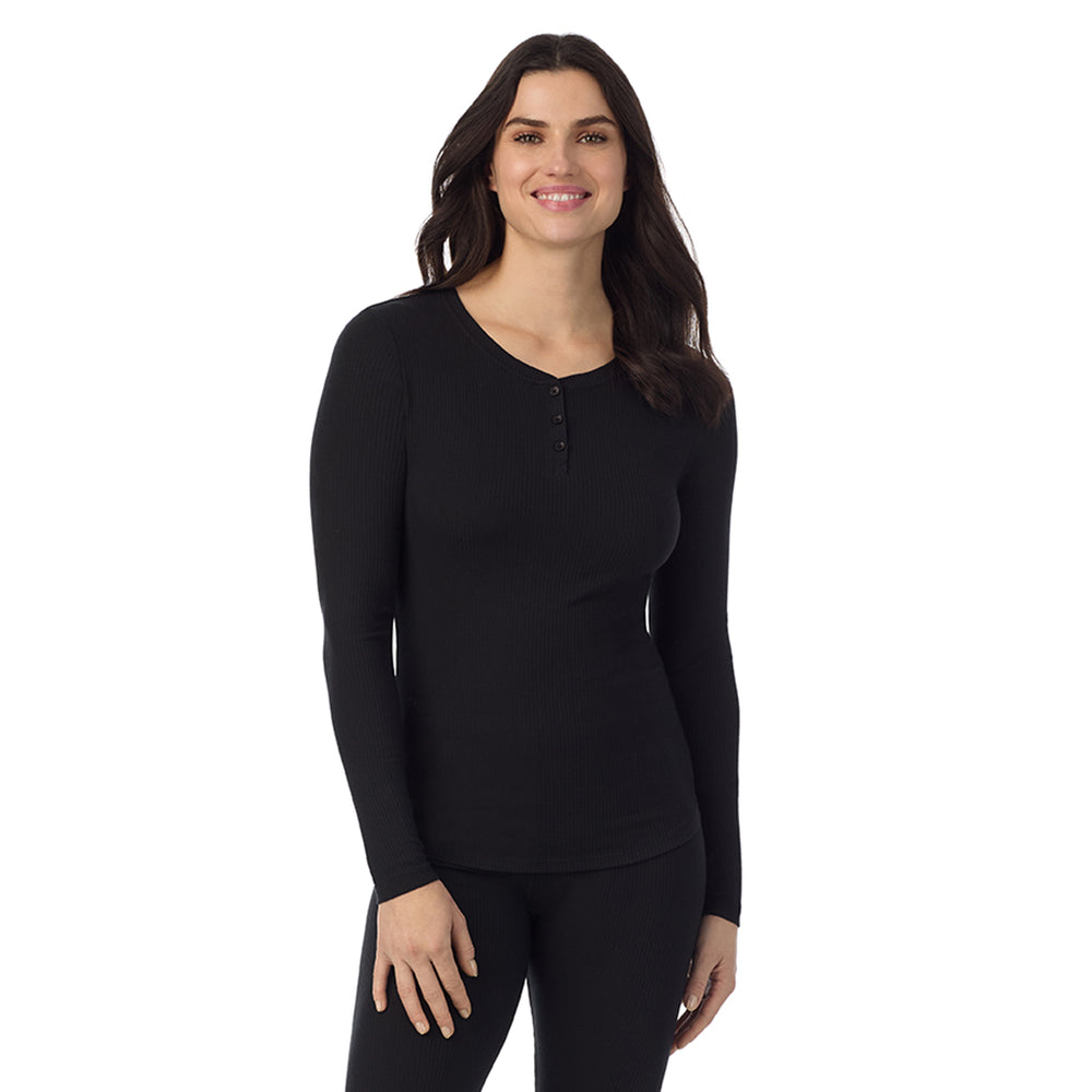 A lady is wearing a Black Stretch Rib Long Sleeve Henley