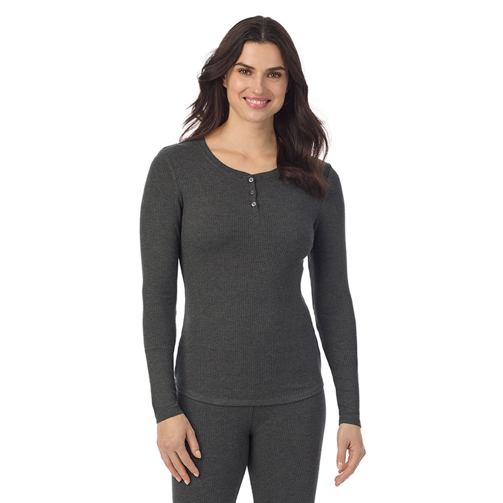  A lady is wearing a Charcoal Heather Stretch Rib Long Sleeve Henley