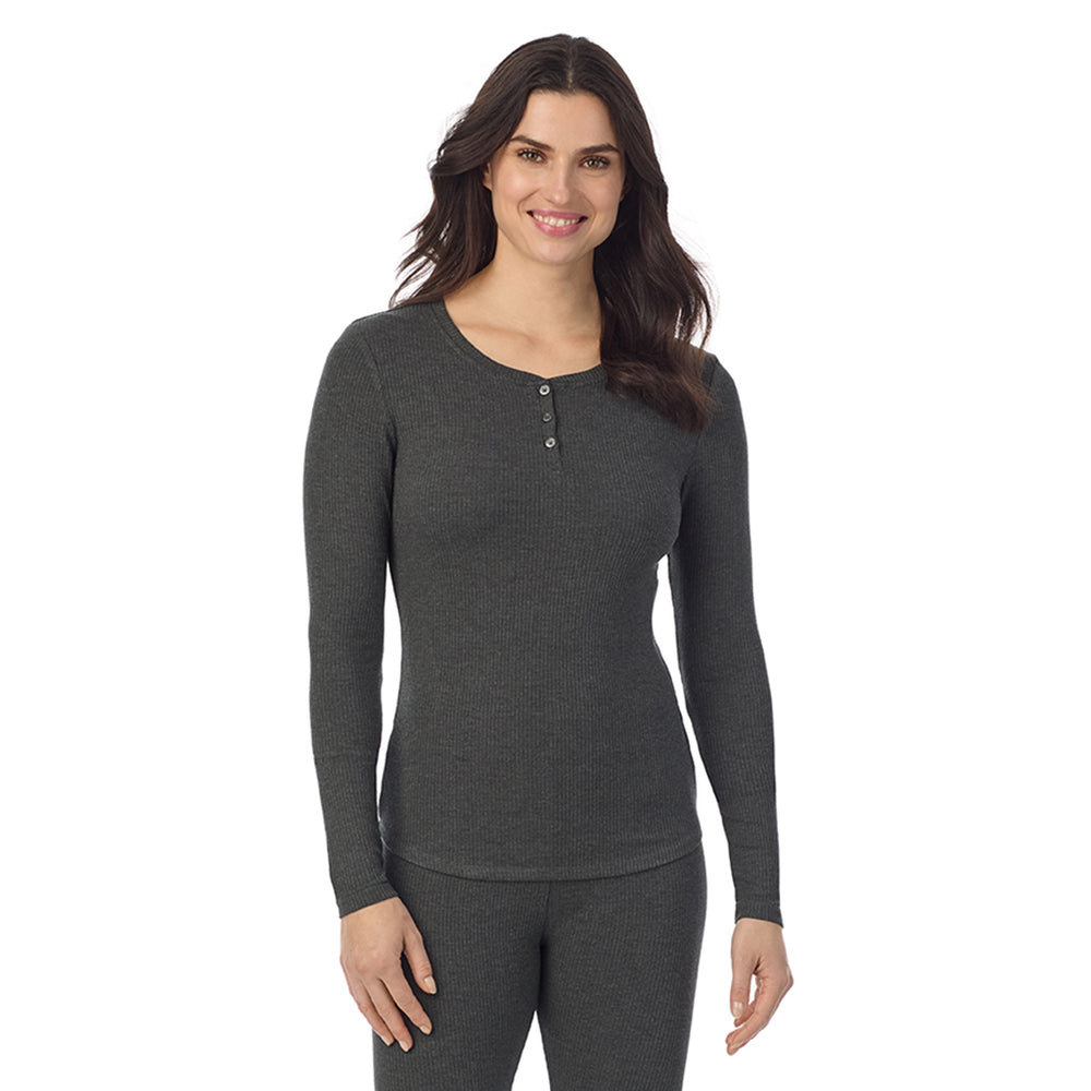 A lady is wearing a Charcoal Heather Stretch Rib Long Sleeve Henley