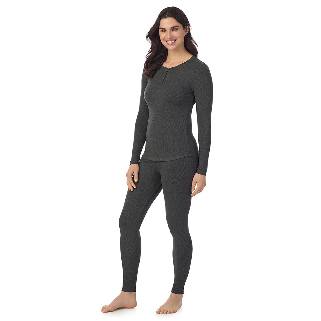  A lady is wearing a Charcoal Heather Stretch Rib Long Sleeve Henley