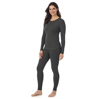 Charcoal Heather; Model is wearing a size S. She is 5’9”, Bust 34”, Waist 25”, Hips 36”@ A lady is wearing a Charcoal Heather Stretch Rib Long Sleeve Henley