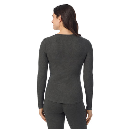 Charcoal Heather; Model is wearing a size S. She is 5’9”, Bust 34”, Waist 25”, Hips 36”@ A lady is wearing a Charcoal Heather Stretch Rib Long Sleeve Henley