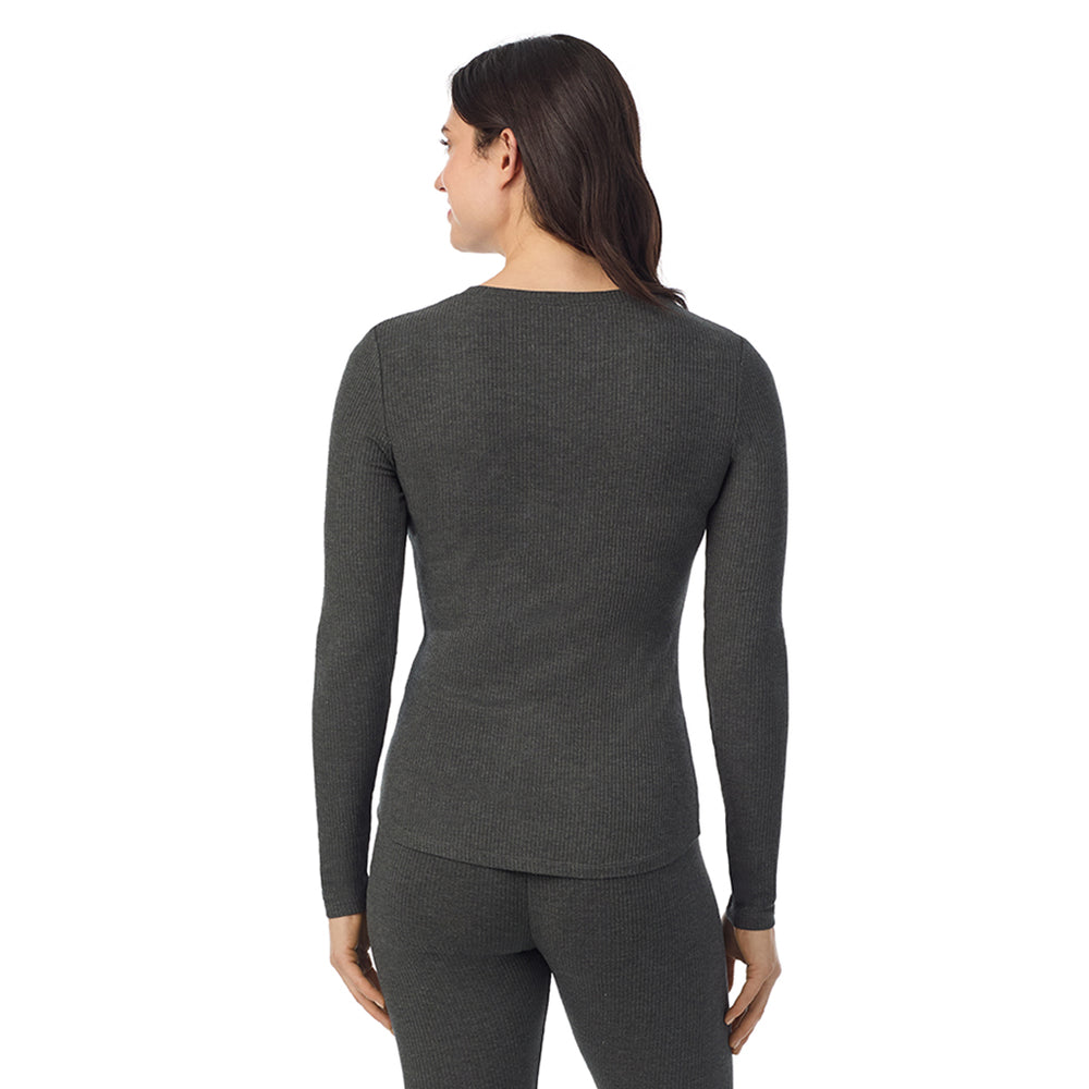 A lady is wearing a Charcoal Heather Stretch Rib Long Sleeve Henley