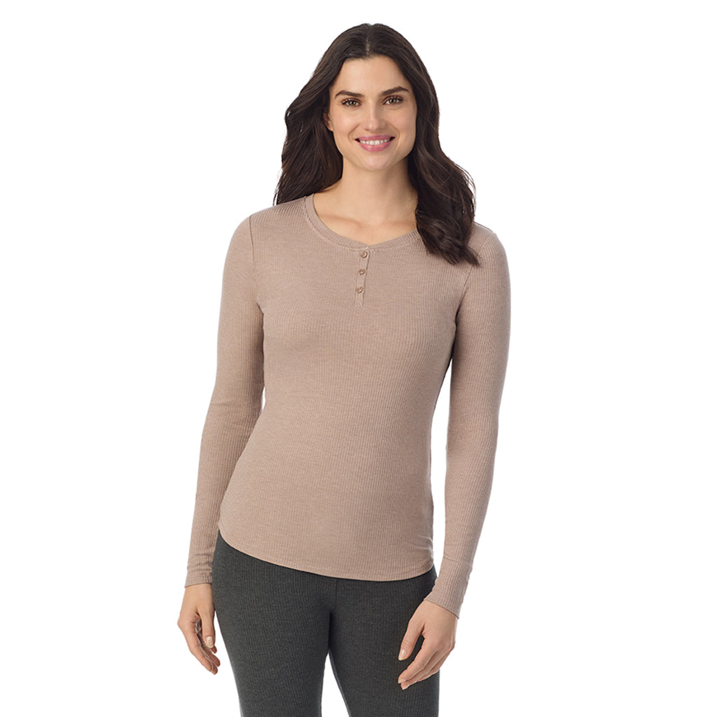  A lady is wearing a Pecan Heather Stretch Rib Long Sleeve Henley