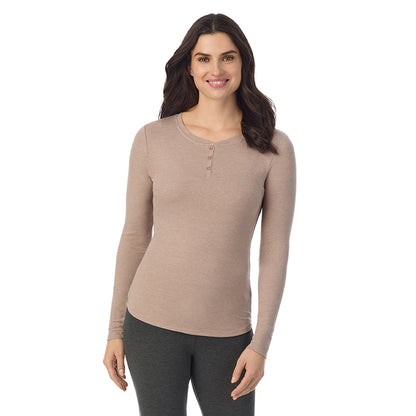 Pecan Heather; Model is wearing a size S. She is 5’9”, Bust 34”, Waist 25”, Hips 36”@ A lady is wearing a Pecan Heather Stretch Rib Long Sleeve Henley