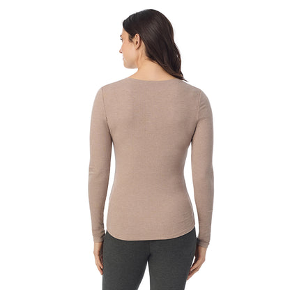 Pecan Heather; Model is wearing a size S. She is 5’9”, Bust 34”, Waist 25”, Hips 36”@ A lady is wearing a Pecan Heather Stretch Rib Long Sleeve Henley