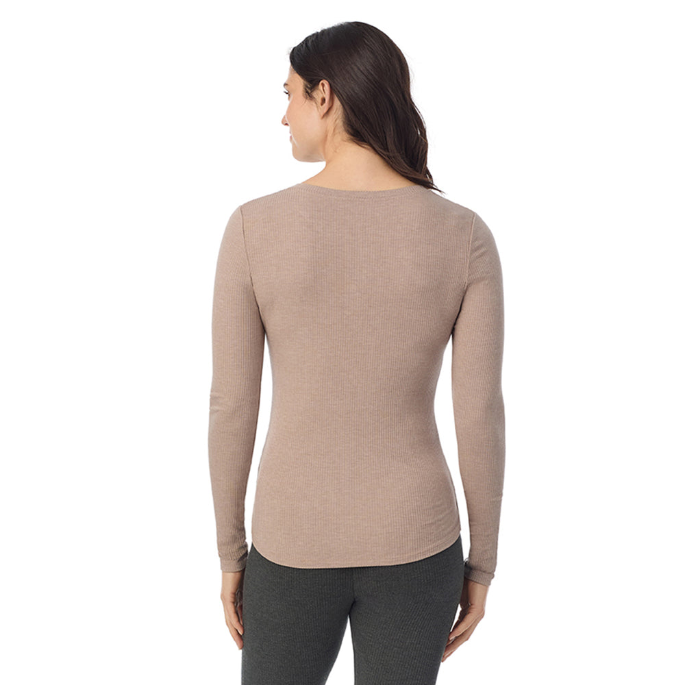 A lady is wearing a Pecan Heather Stretch Rib Long Sleeve Henley