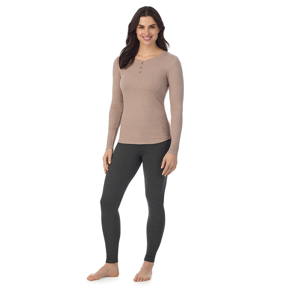 A lady is wearing a Pecan Heather Stretch Rib Long Sleeve Henley