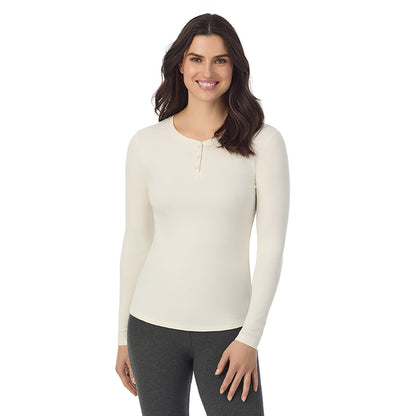 Ivory; Model is wearing a size S. She is 5’9”, Bust 34”, Waist 25”, Hips 36”@ A lady is wearing a Ivory Stretch Rib Long Sleeve Henley