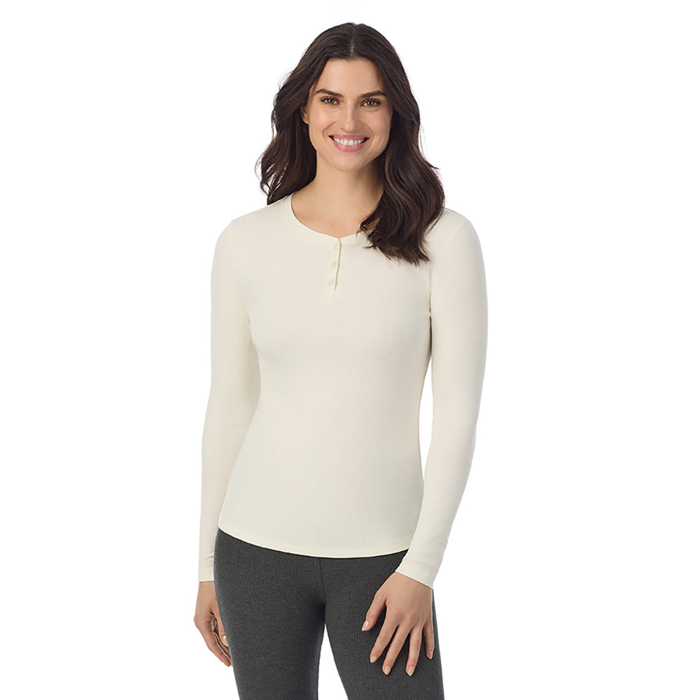 A lady is wearing a Ivory Stretch Rib Long Sleeve Henley