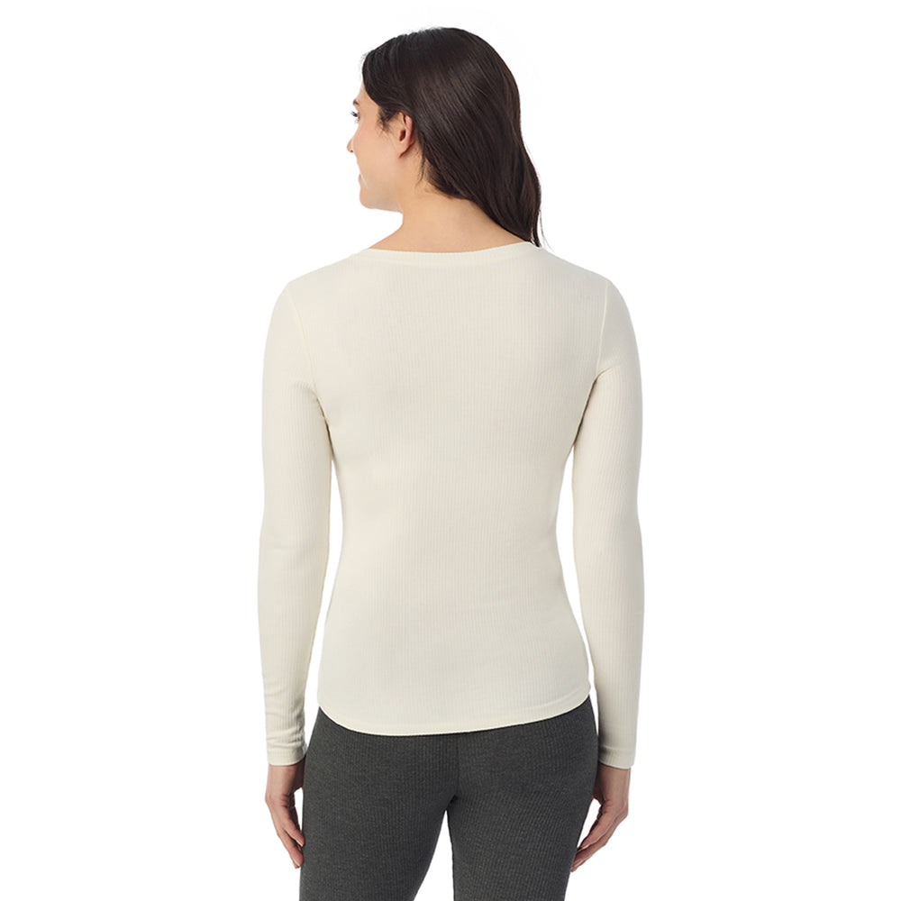 A lady is wearing a Ivory Stretch Rib Long Sleeve Henley
