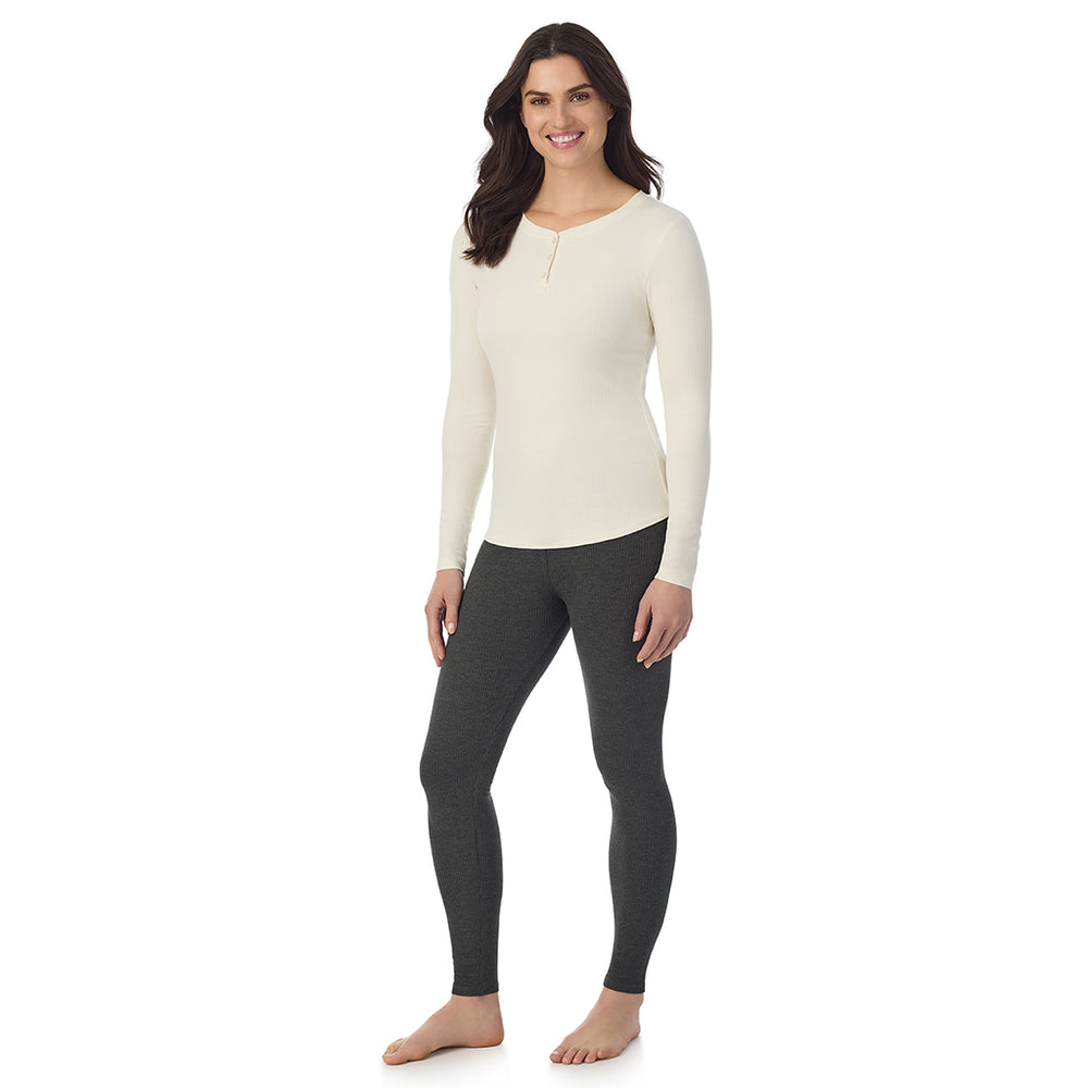 A lady is wearing a Ivory Stretch Rib Long Sleeve Henley