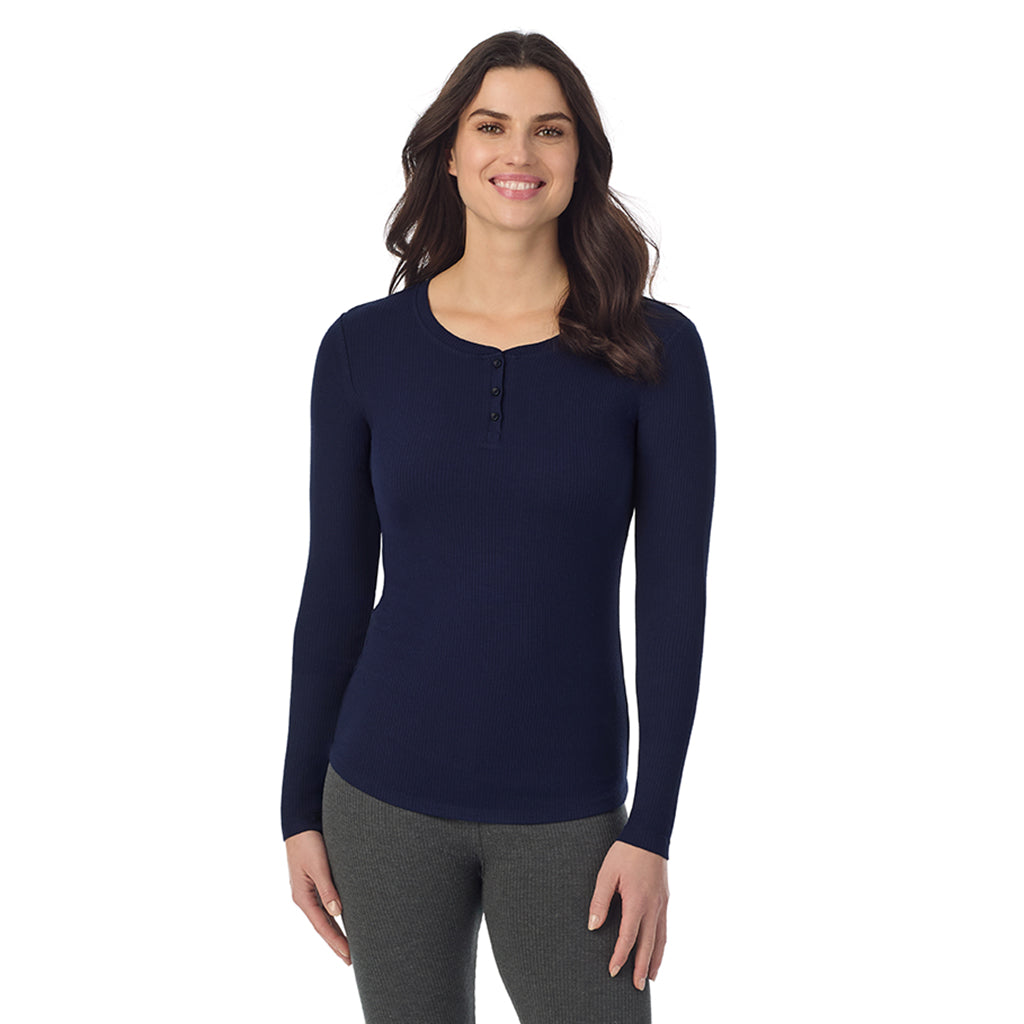  A lady is wearing a Navy Blazer Stretch Rib Long Sleeve Henley