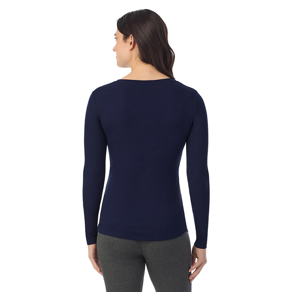  A lady is wearing a Navy Blazer Stretch Rib Long Sleeve Henley