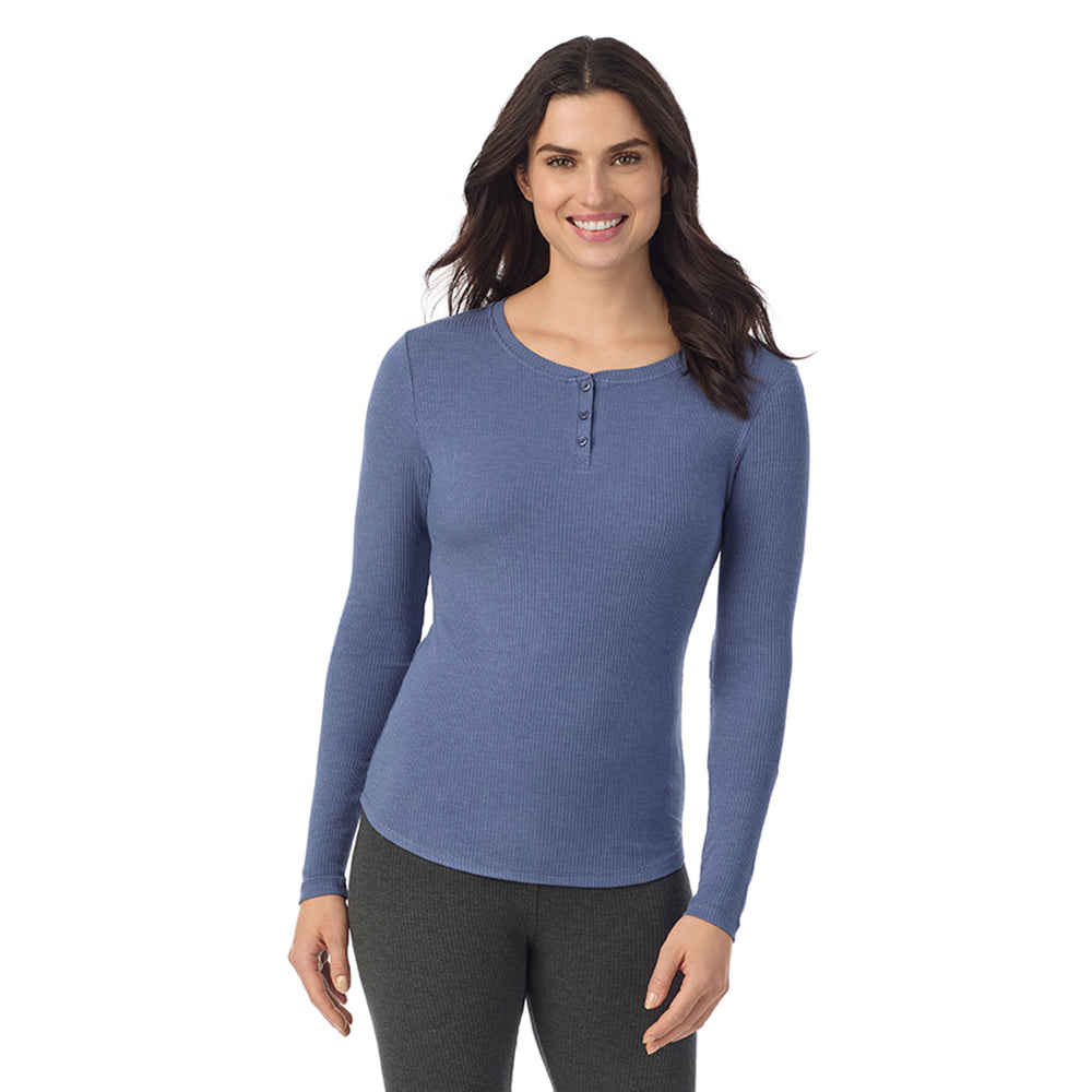 A lady is wearing a Smoke Blue Heather Stretch Rib Long Sleeve Henley