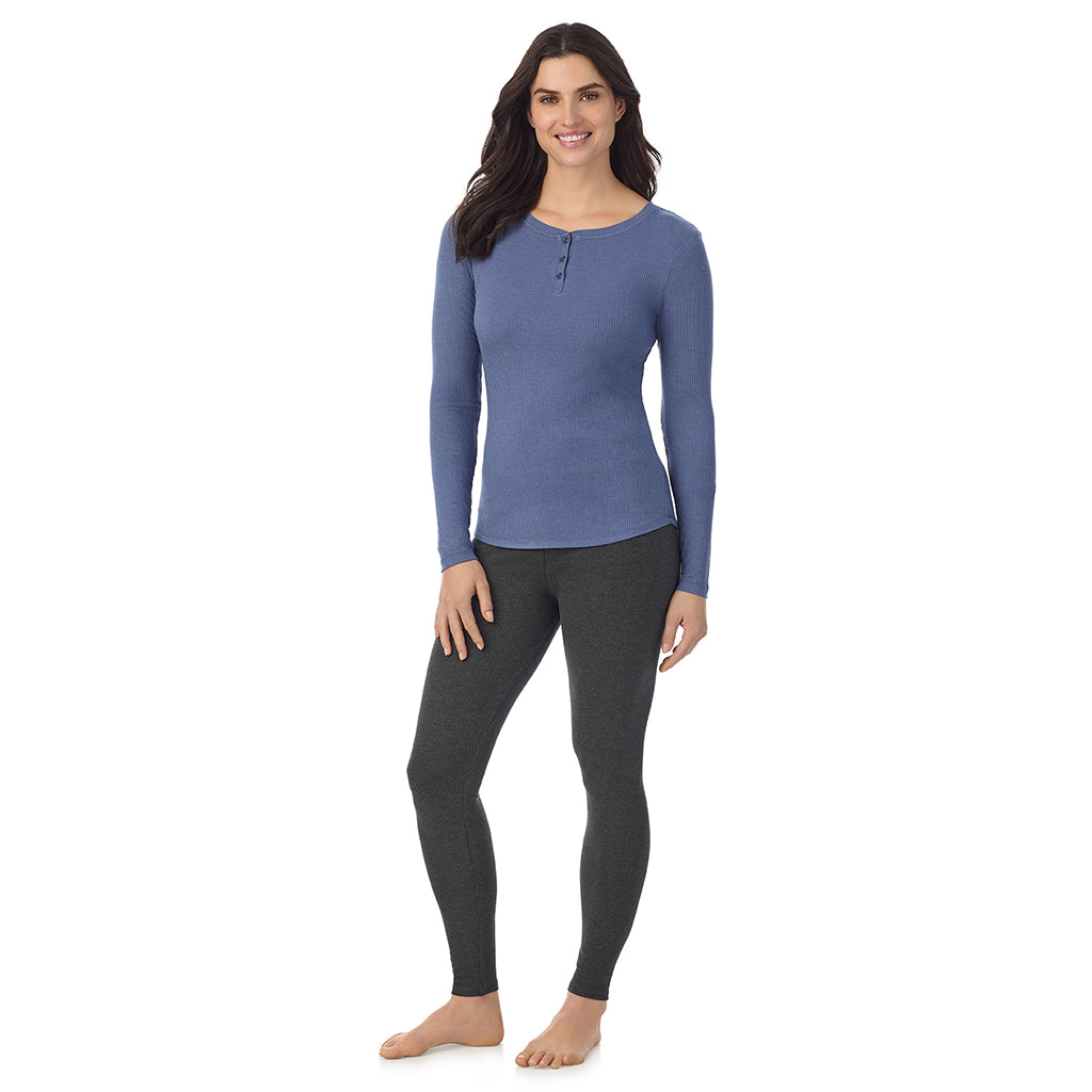  A lady is wearing a Smoke Blue Heather Stretch Rib Long Sleeve Henley