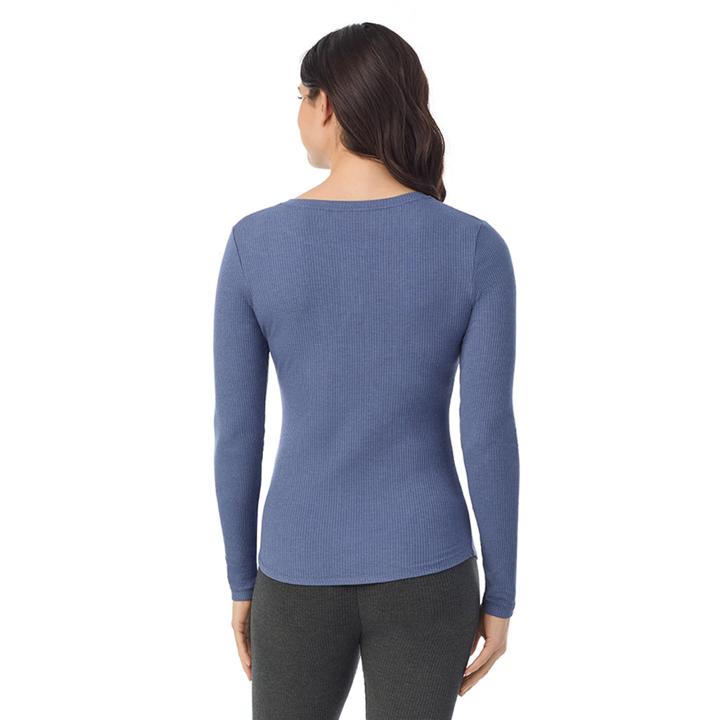 Smoke Blue Heather; Model is wearing a size S. She is 5’9”, Bust 34”, Waist 25”, Hips 36”@ A lady is wearing a Smoke Blue Heather Stretch Rib Long Sleeve Henley