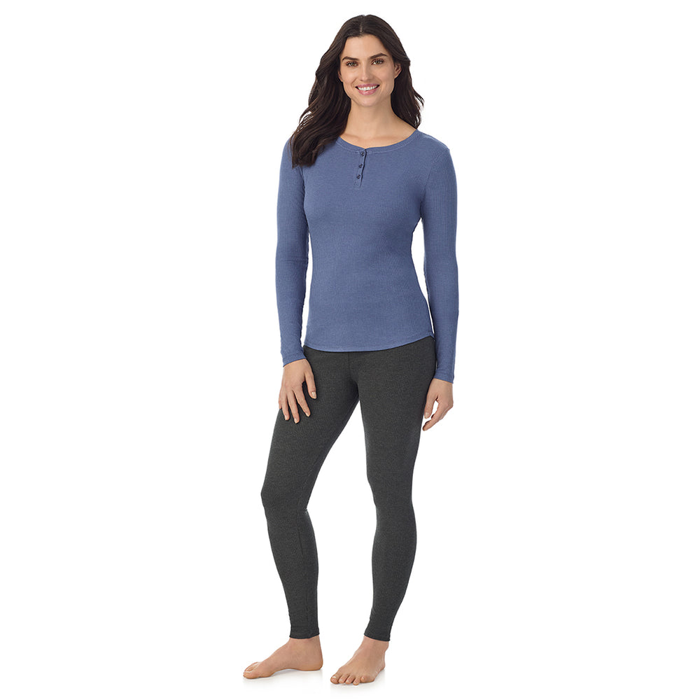A lady is wearing a Smoke Blue Heather Stretch Rib Long Sleeve Henley