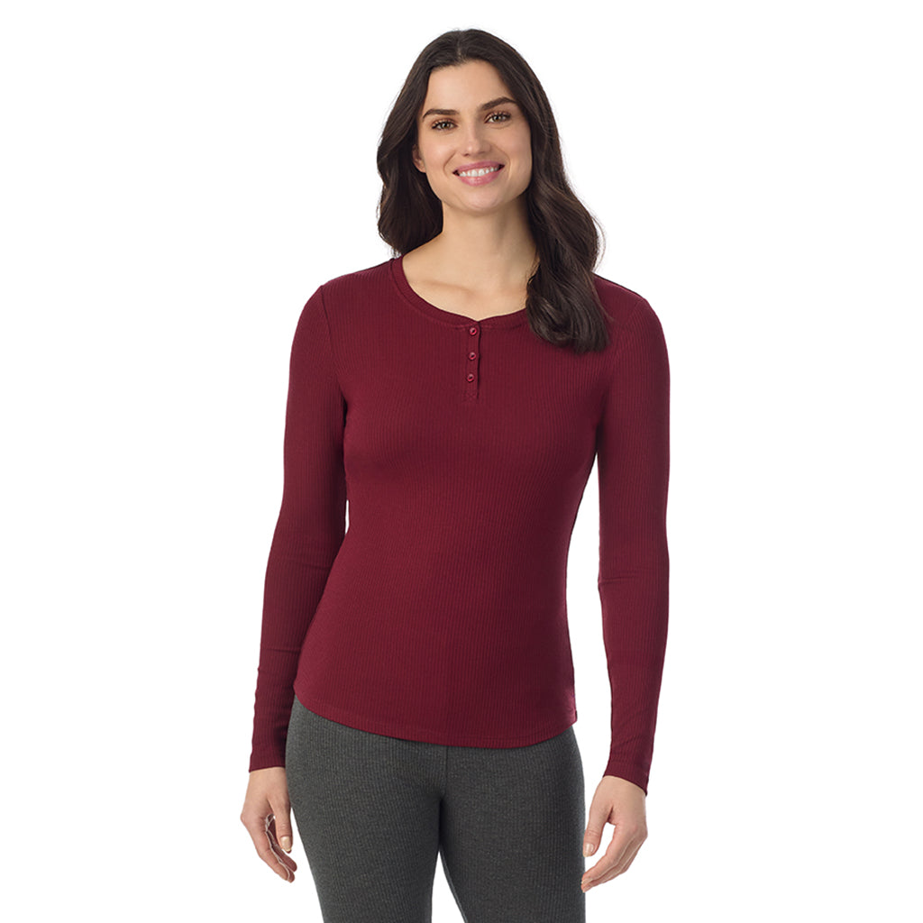 Cabernet; Model is wearing a size S. She is 5’9”, Bust 34”, Waist 25”, Hips 36”@ A lady is wearing a Cabernet Stretch Rib Long Sleeve Henley