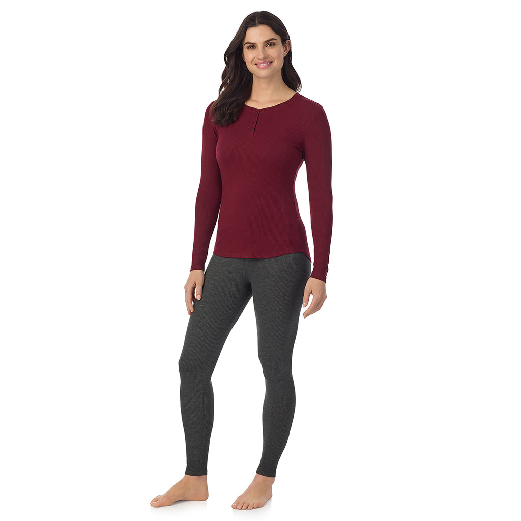 Cabernet; Model is wearing a size S. She is 5’9”, Bust 34”, Waist 25”, Hips 36”@ A lady is wearing a Cabernet Stretch Rib Long Sleeve Henley