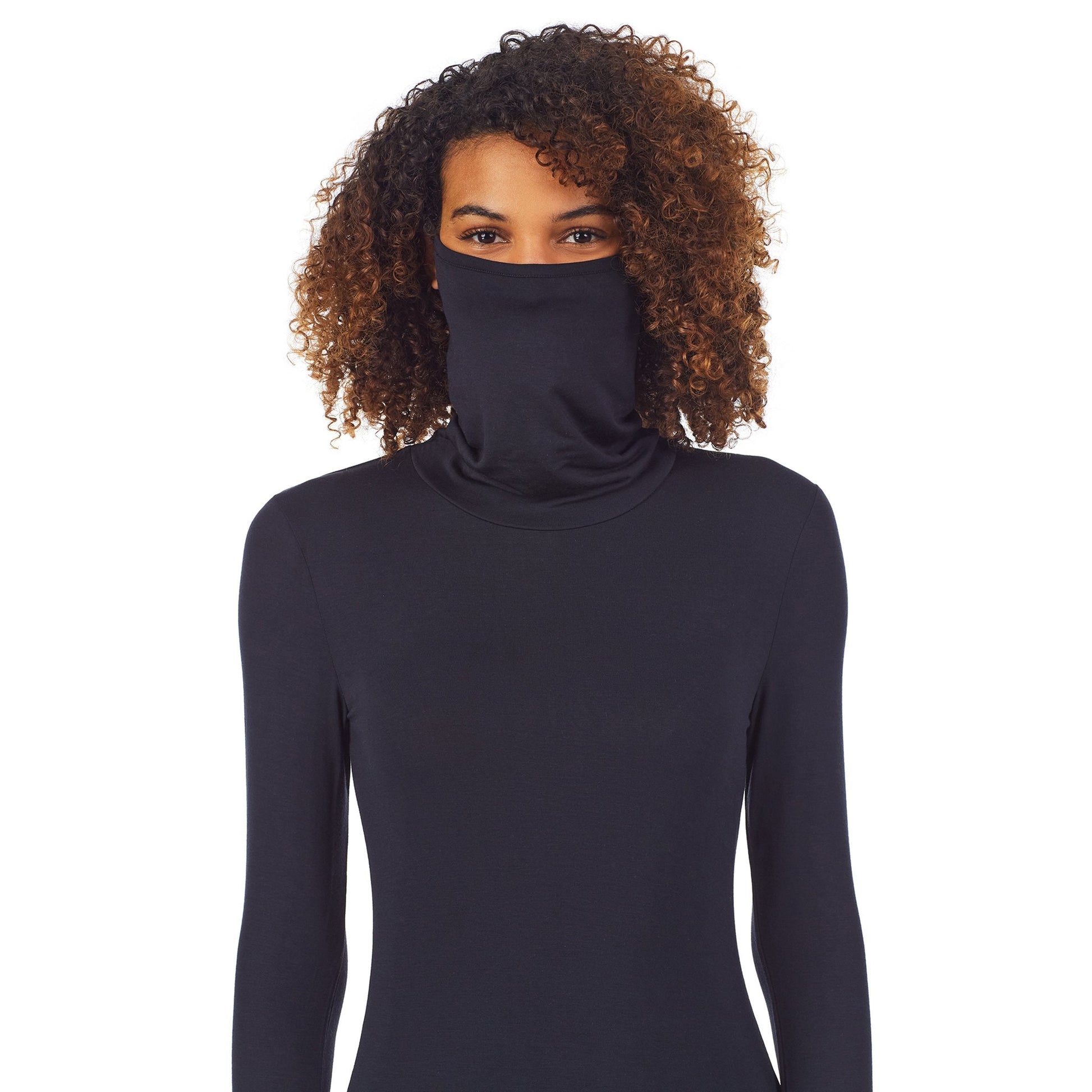 Black;Model is wearing size S. She is 5'9", Bust 34", Waist 26", Hips 36".@ A lady wearingSoftwear With Stretch Long Sleeve Convertible Cowl with Black print