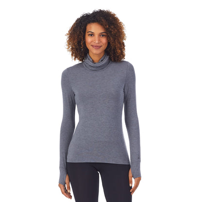 Charcoal Heather;Model is wearing size S. She is 5'9", Bust 34", Waist 26", Hips 36".@ A lady wearingSoftwear With Stretch Long Sleeve Convertible Cowl with Charcoal Heather print