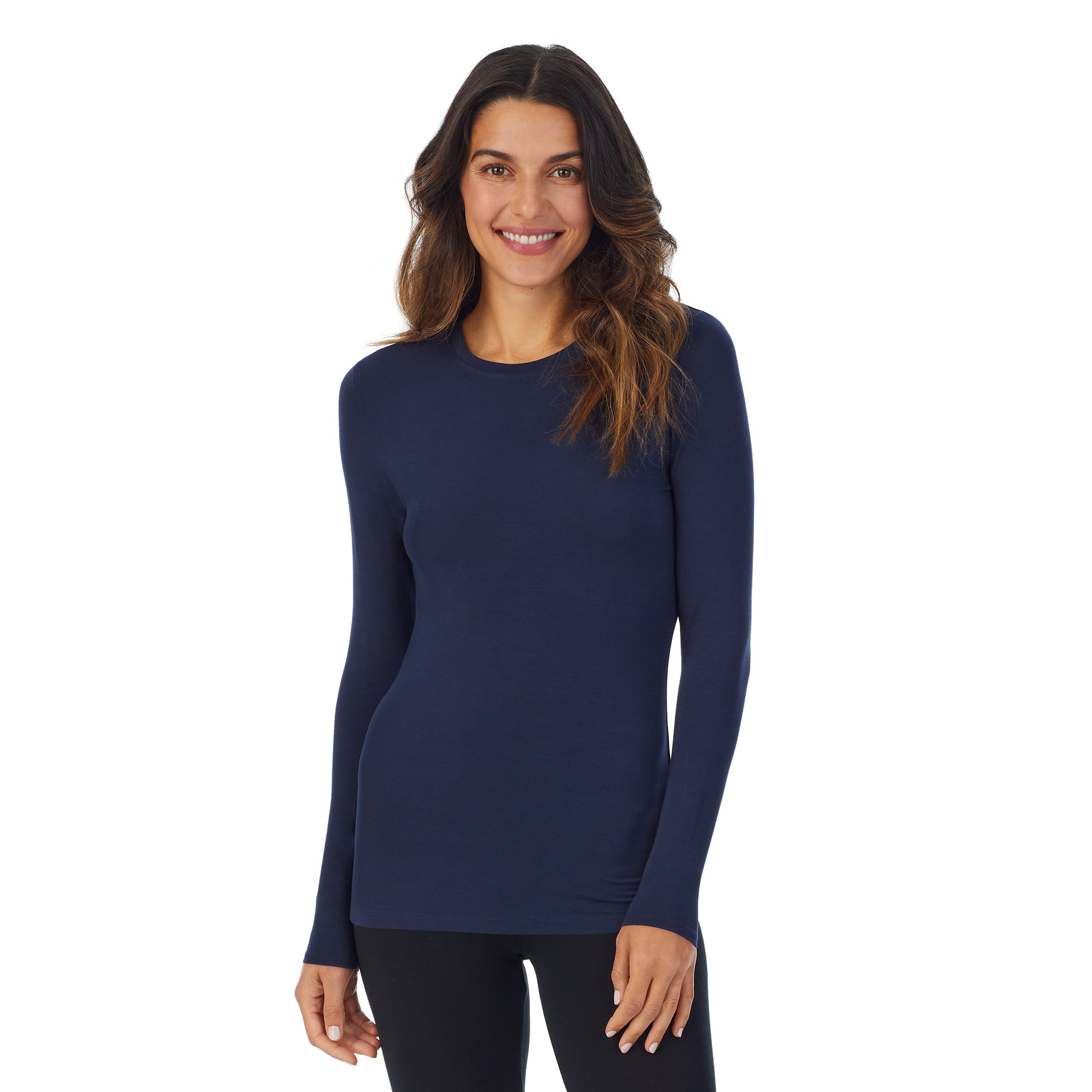 A lady wearing navy blazer long sleeve crew petite softwear with stretch top.